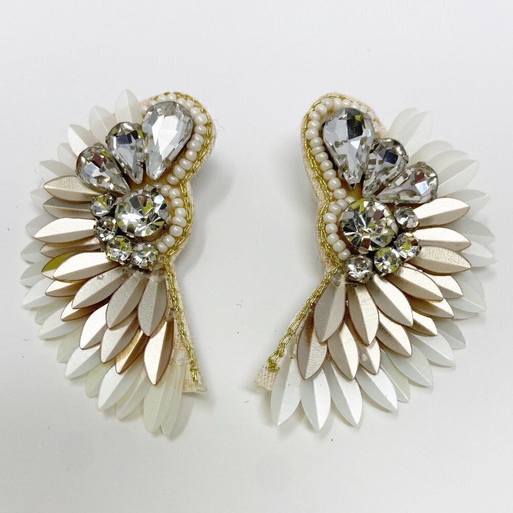 White Cream Beaded Crystal Geometric Semicircle Fan Statement Earrings